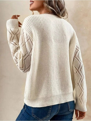 Openwork V - Neck Long Sleeve Sweater - StyleLure