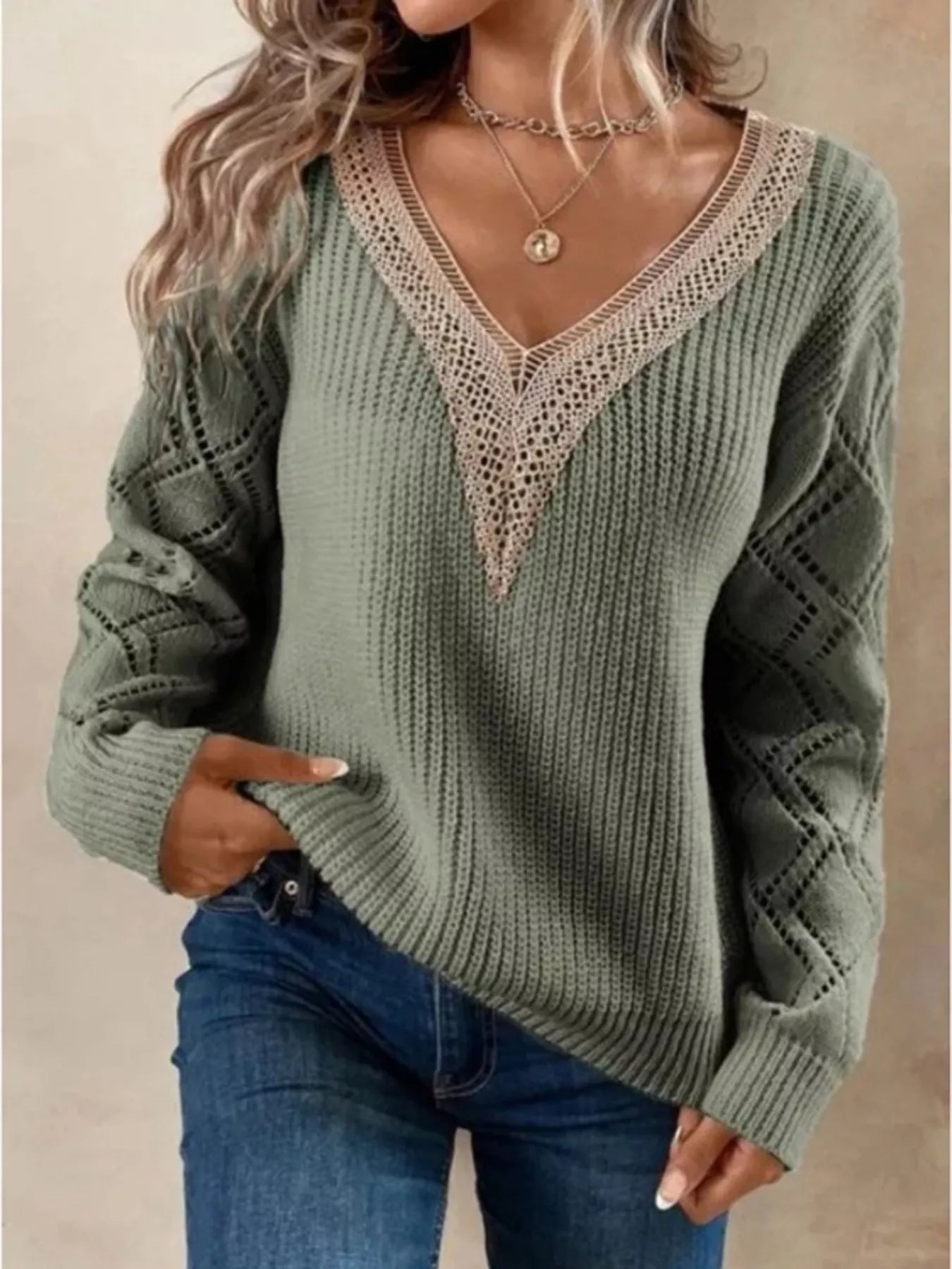Openwork V - Neck Long Sleeve Sweater - StyleLure