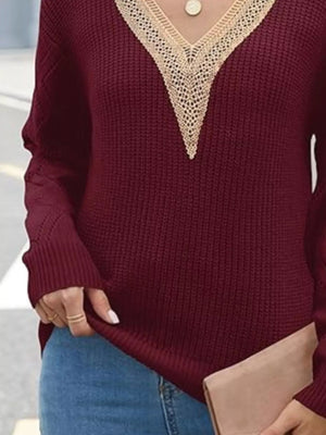 Openwork V - Neck Long Sleeve Sweater - StyleLure