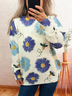 Pearl Detail Flower Round Neck Sweater - StyleLure