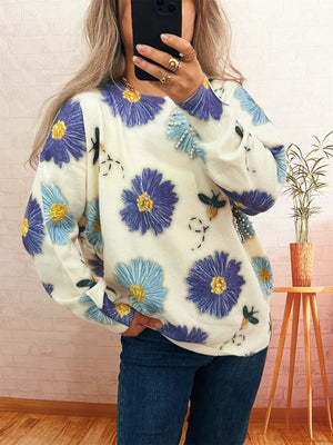 Pearl Detail Flower Round Neck Sweater - StyleLure