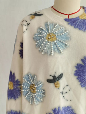 Pearl Detail Flower Round Neck Sweater - StyleLure