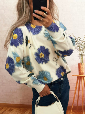 Pearl Detail Flower Round Neck Sweater - StyleLure