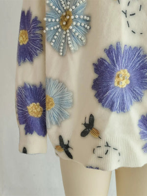 Pearl Detail Flower Round Neck Sweater - StyleLure