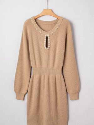 Pearl Embellished Keyhole Ribbed Sweater Dress - StyleLure