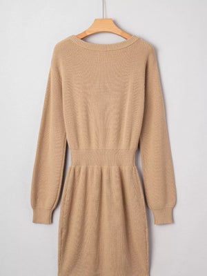 Pearl Embellished Keyhole Ribbed Sweater Dress - StyleLure