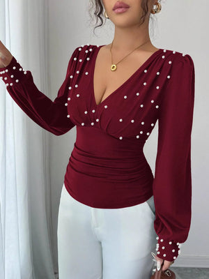 Pearl Embellished V - Neck Blouse - StyleLure