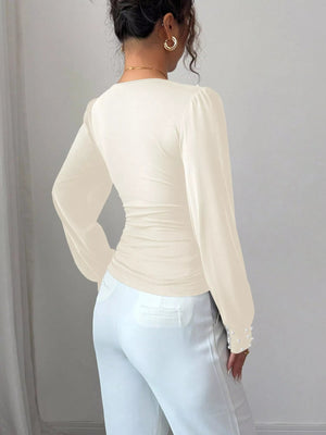 Pearl Embellished V - Neck Blouse - StyleLure