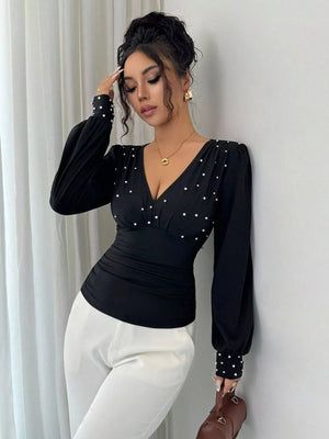 Pearl Embellished V - Neck Blouse - StyleLure