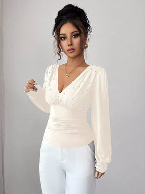 Pearl Embellished V - Neck Blouse - StyleLure