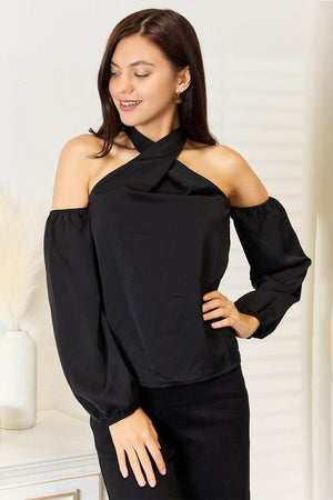 Perfee Grecian Cold Shoulder Long Sleeve Blouse - StyleLure
