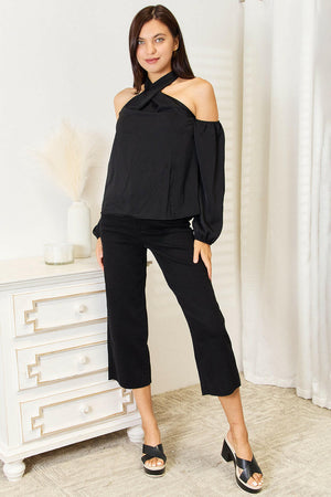 Perfee Grecian Cold Shoulder Long Sleeve Blouse - StyleLure
