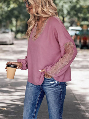 Perfee Lace Detail V - Neck Top - StyleLure