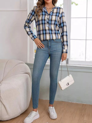 Plaid Half Button Long Sleeve Blouse - StyleLure