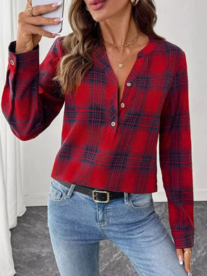 Plaid Half Button Long Sleeve Blouse - StyleLure