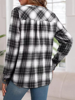 Plaid Half Button Long Sleeve Blouse - StyleLure