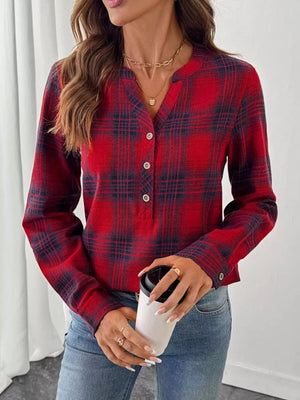 Plaid Half Button Long Sleeve Blouse - StyleLure