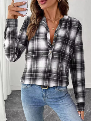 Plaid Half Button Long Sleeve Blouse - StyleLure