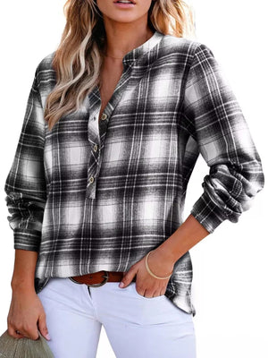 Plaid Half Button Long Sleeve Blouse - StyleLure