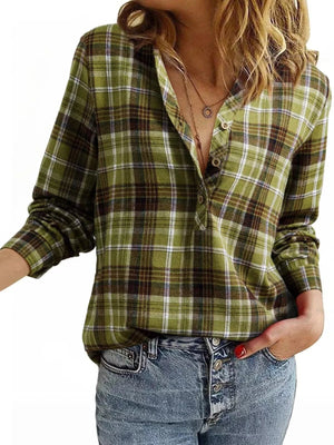 Plaid Half Button Long Sleeve Blouse - StyleLure