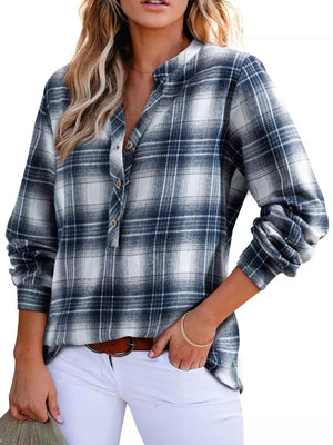 Plaid Half Button Long Sleeve Blouse - StyleLure