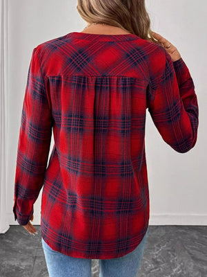 Plaid Half Button Long Sleeve Blouse - StyleLure