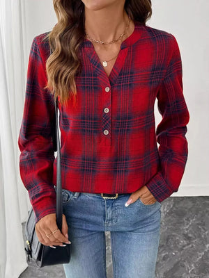 Plaid Half Button Long Sleeve Blouse - StyleLure