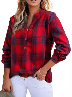 Plaid Half Button Long Sleeve Blouse - StyleLure