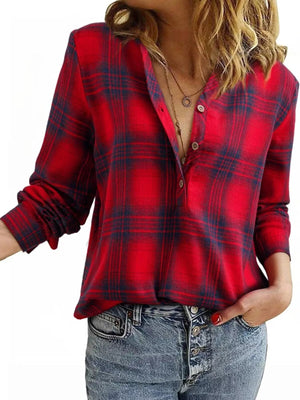 Plaid Half Button Long Sleeve Blouse - StyleLure