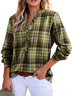 Plaid Half Button Long Sleeve Blouse - StyleLure