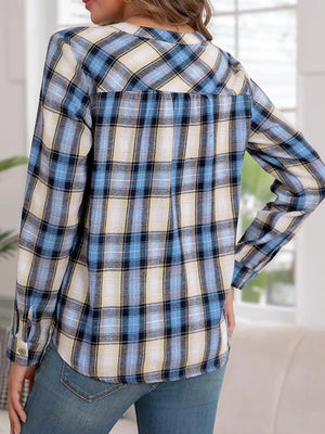 Plaid Half Button Long Sleeve Blouse - StyleLure