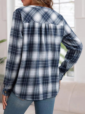Plaid Half Button Long Sleeve Blouse - StyleLure