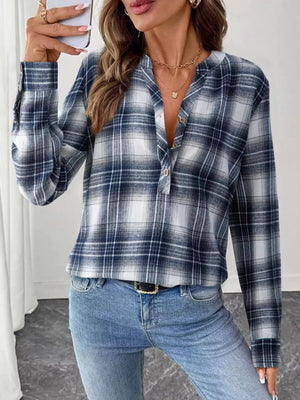 Plaid Half Button Long Sleeve Blouse - StyleLure