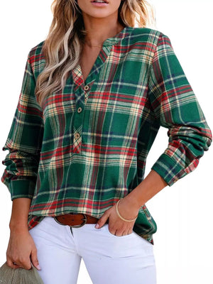 Plaid Half Button Long Sleeve Blouse - StyleLure