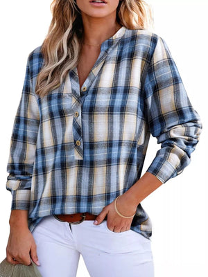 Plaid Half Button Long Sleeve Blouse - StyleLure