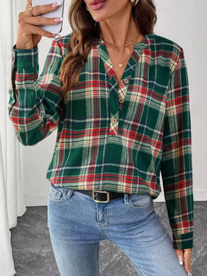 Plaid Half Button Long Sleeve Blouse - StyleLure