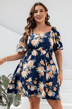 Plus Size Floral Print V - Neck Flutter Sleeve Mini Dress - StyleLure