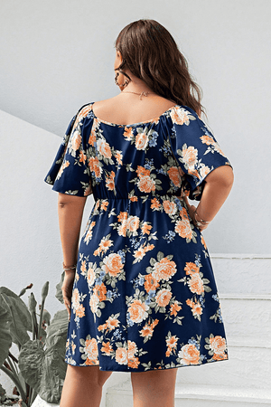 Plus Size Floral Print V - Neck Flutter Sleeve Mini Dress - StyleLure