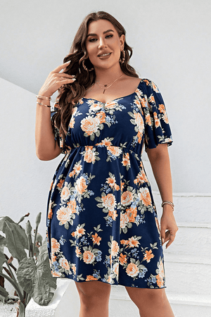 Plus Size Floral Print V - Neck Flutter Sleeve Mini Dress - StyleLure