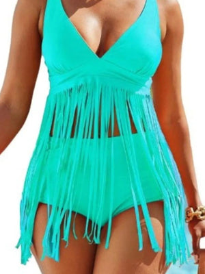 Plus Size Fringe V - Neck Tankini Swim Set - StyleLure