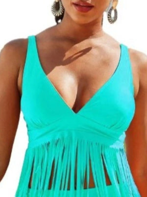 Plus Size Fringe V - Neck Tankini Swim Set - StyleLure