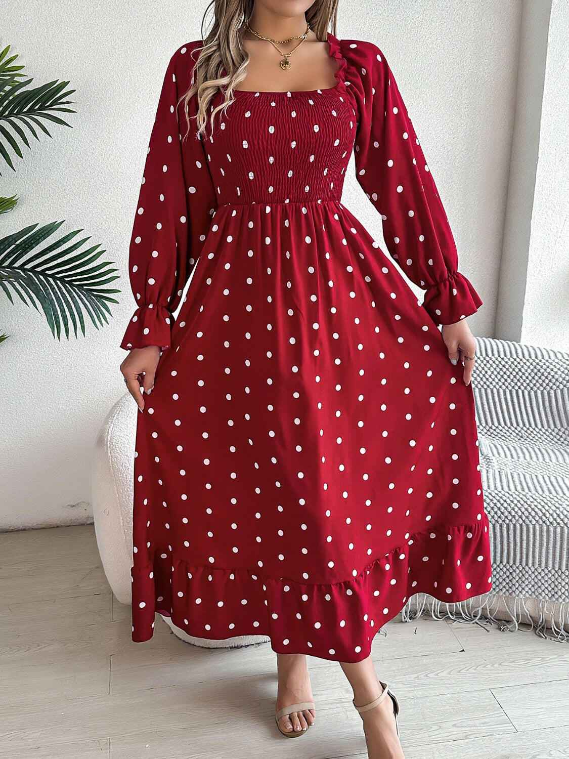 Polka Dot Flounce Sleeve Midi Dress - StyleLure