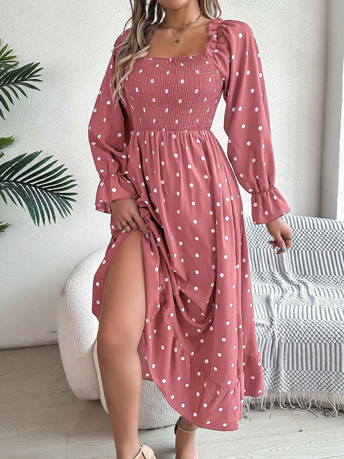 Polka Dot Flounce Sleeve Midi Dress - StyleLure