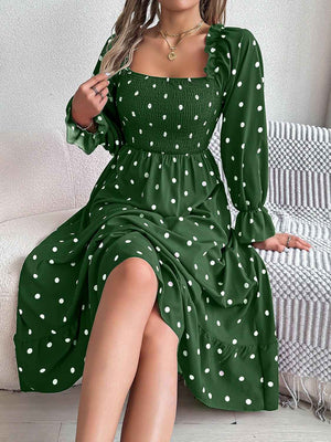 Polka Dot Flounce Sleeve Midi Dress - StyleLure