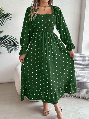Polka Dot Flounce Sleeve Midi Dress - StyleLure