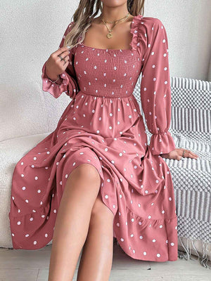 Polka Dot Flounce Sleeve Midi Dress - StyleLure