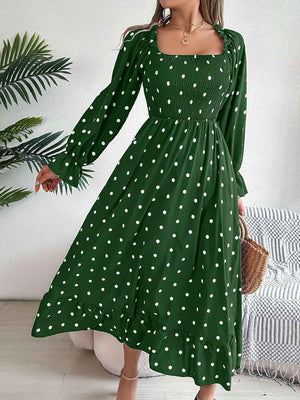 Polka Dot Flounce Sleeve Midi Dress - StyleLure
