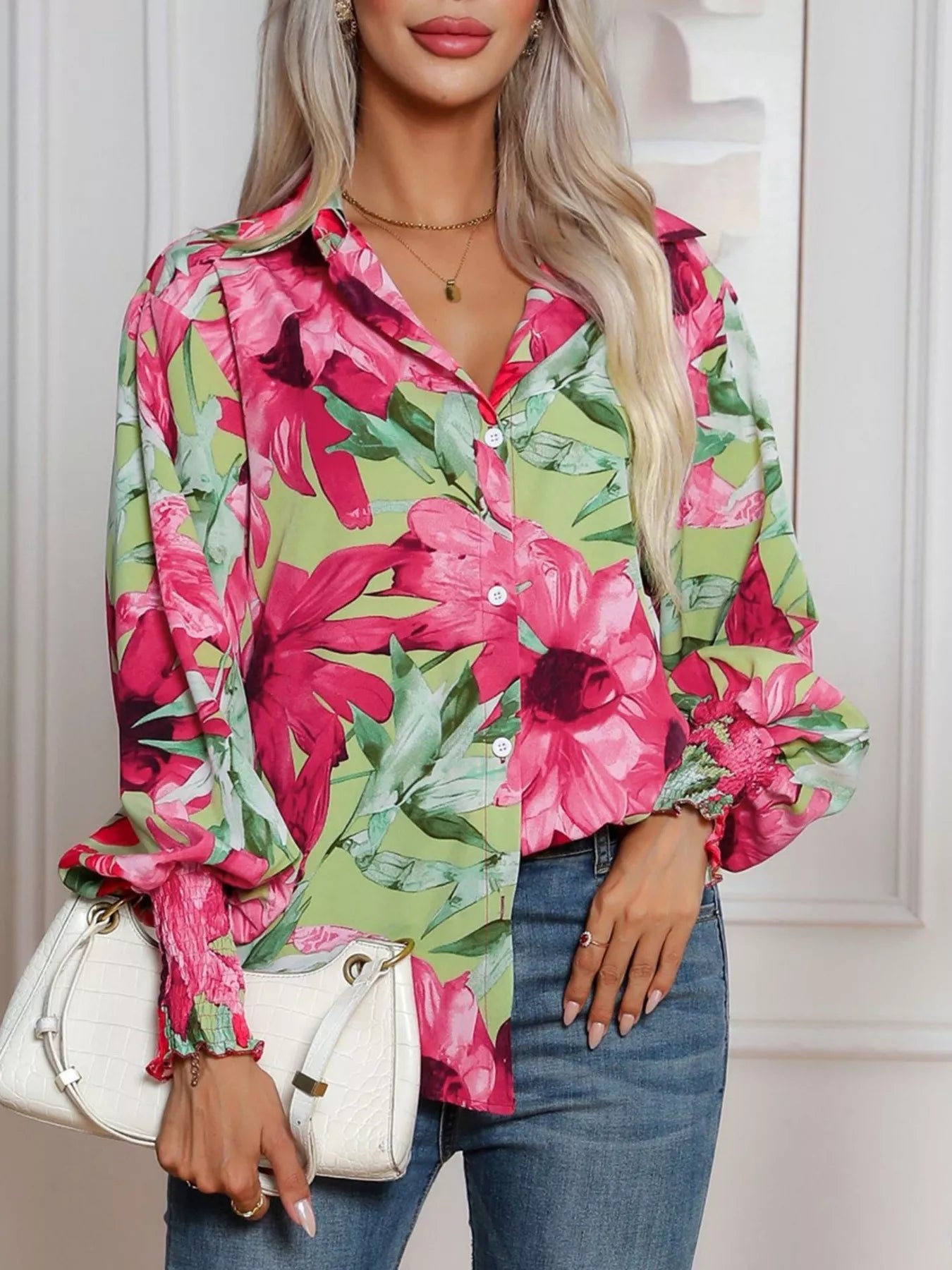 Printed Button Up Long Sleeve Shirt - StyleLure