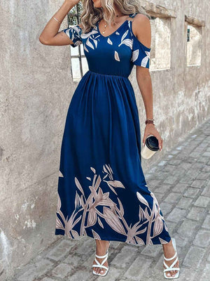 Printed Cold Shoulder Short Sleeve Maxi Dress - StyleLure