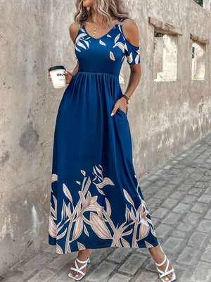 Printed Cold Shoulder Short Sleeve Maxi Dress - StyleLure